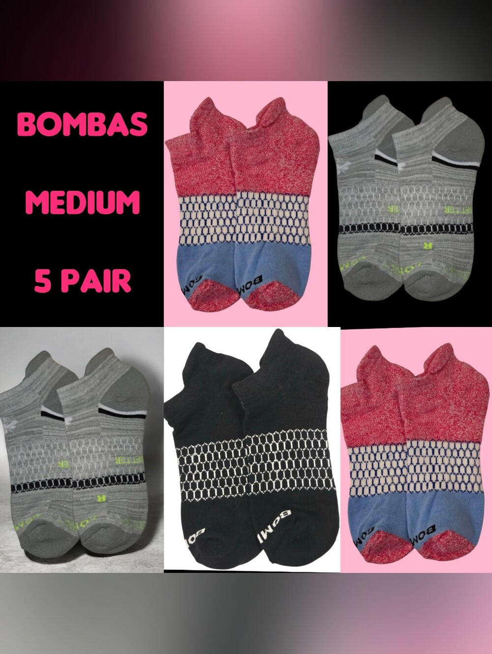 Bombas Medium Ankle Socks Assorted Colors Variety Pack 5 Pair BNWT Unisex